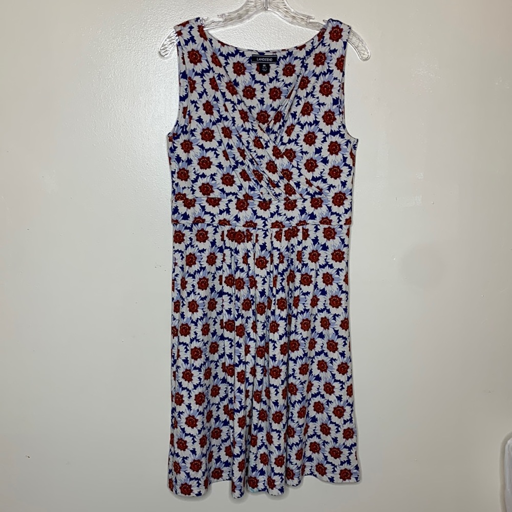 LANDS’ END Dress Red, White & Blue Floral Surplice Neckline Sleeveless Medium